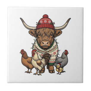 Weihnachts-Hochlandkuh und Hühner Vintage-Stich Fliese