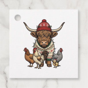 Weihnachts-Hochlandkuh und Hühner Vintage-Stich Geschenkanhänger