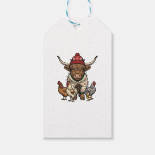 Weihnachts-Hochlandkuh und Hühner Vintage-Stich Geschenkanhänger