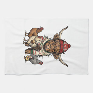 Weihnachts-Hochlandkuh und Hühner Vintage-Stich Geschirrtuch