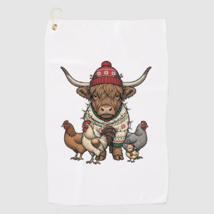 Weihnachts-Hochlandkuh und Hühner Vintage-Stich Golfhandtuch