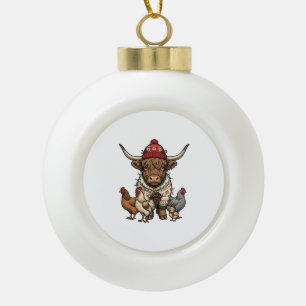 Weihnachts-Hochlandkuh und Hühner Vintage-Stich Keramik Kugel-Ornament