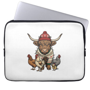 Weihnachts-Hochlandkuh und Hühner Vintage-Stich Laptopschutzhülle