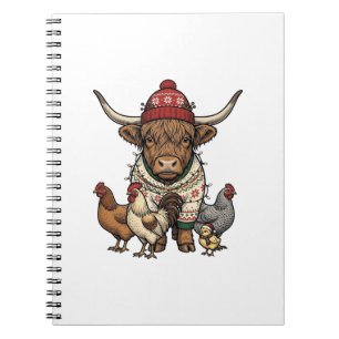 Weihnachts-Hochlandkuh und Hühner Vintage-Stich Notizblock