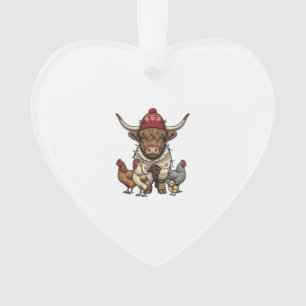 Weihnachts-Hochlandkuh und Hühner Vintage-Stich Ornament
