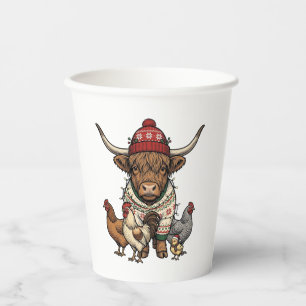Weihnachts-Hochlandkuh und Hühner Vintage-Stich Pappbecher