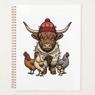 Weihnachts-Hochlandkuh und Hühner Vintage-Stich Planer