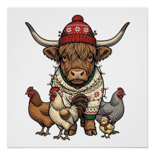 Weihnachts-Hochlandkuh und Hühner Vintage-Stich Poster