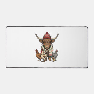 Weihnachts-Hochlandkuh und Hühner Vintage-Stich Schreibtischunterlage