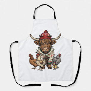 Weihnachts-Hochlandkuh und Hühner Vintage-Stich Schürze