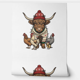 Weihnachts-Hochlandkuh und Hühner Vintage-Stich Tapete