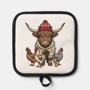 Weihnachts-Hochlandkuh und Hühner Vintage-Stich Topflappen