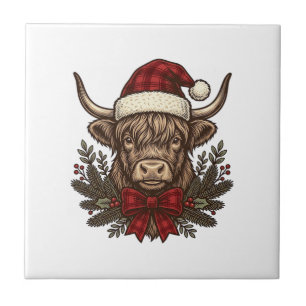 Weihnachts-Hochlandkuh Vintage-Stich-Design_1 Fliese