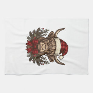 Weihnachts-Hochlandkuh Vintage-Stich-Design_1 Geschirrtuch