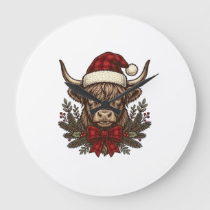 Weihnachts-Hochlandkuh-Vintage-Stich-Design_1 Große Wanduhr