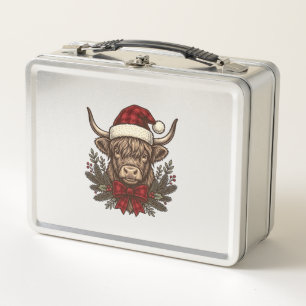 Weihnachts-Hochlandkuh Vintage-Stich-Design_1 Metall Brotdose