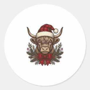 Weihnachts-Hochlandkuh Vintage-Stich-Design_1 Runder Aufkleber