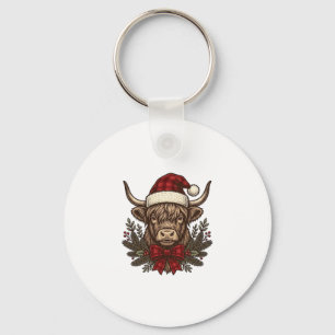 Weihnachts-Hochlandkuh-Vintage-Stich-Design_1 Schlüsselanhänger