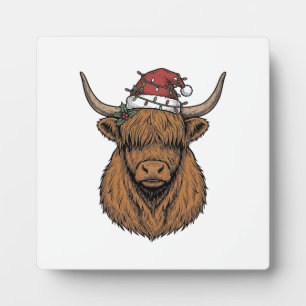 Weihnachts-Hochlandkuh Vintage-Stich Santa-Hut Fotoplatte