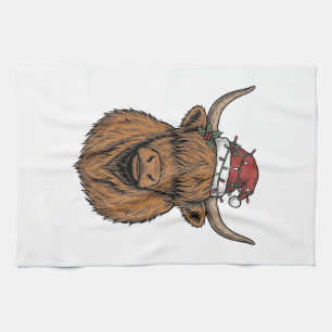 Weihnachts-Hochlandkuh Vintage-Stich Santa-Hut Geschirrtuch