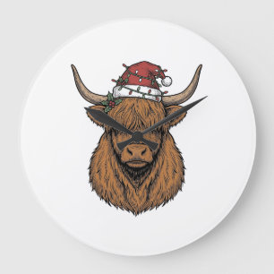 Weihnachts-Hochlandkuh Vintage-Stich Santa-Hut Große Wanduhr
