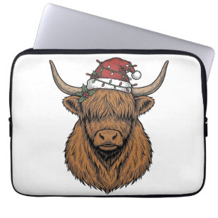 Weihnachts-Hochlandkuh Vintage-Stich Santa-Hut Laptopschutzhülle