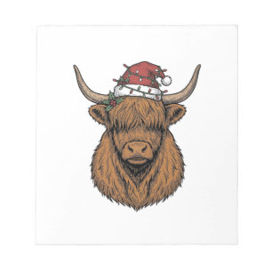 Weihnachts-Hochlandkuh Vintage-Stich Santa-Hut Notizblock