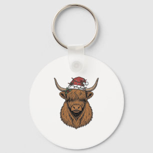 Weihnachts-Hochlandkuh Vintage-Stich Santa-Hut Schlüsselanhänger