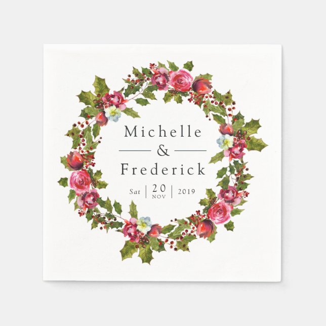Weihnachts Hochzeit Floral Holly Wassercolor Serviette (Vorderseite)