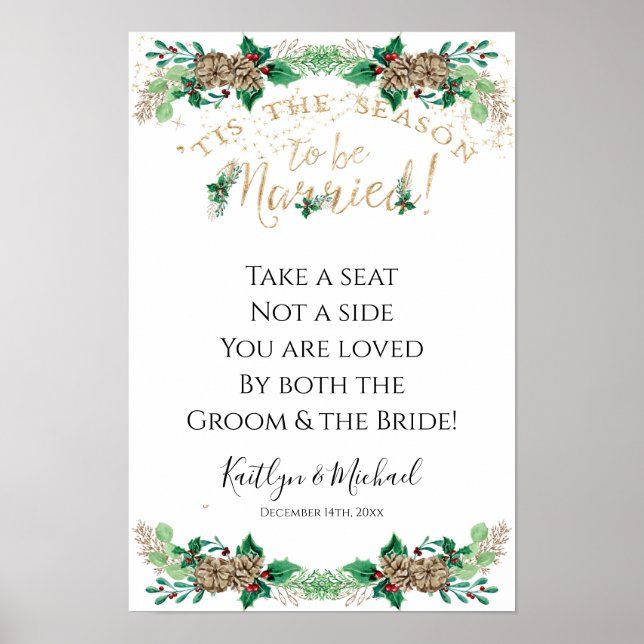 Weihnachts Hochzeit Holly Gold Foliage Sitzplatz n Poster (Vorne)