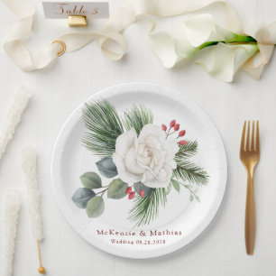 Weihnachts-Hochzeit mit Weißer Rose und Roten Bere Pappteller