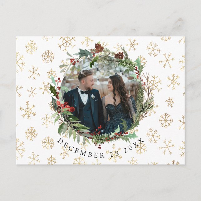 Weihnachts-Hochzeit rettet das Datum Ankündigungspostkarte (Vorderseite)