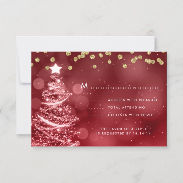 Weihnachts Hochzeit RSVP Sparkle Tree Gold Red (Vorderseite)
