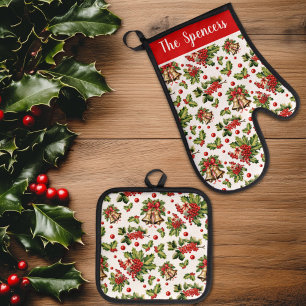 Weihnachts-Holly-Blätter, Berries & Bells Ofenhandschuh & Topflappen-Set