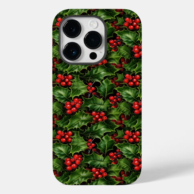 Weihnachts-Holly-Blätter und Rote Berries-Muster Case-Mate iPhone Hülle (Rückseite)