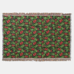 Weihnachts-Holly-Blätter und Rote Berries-Muster Decke