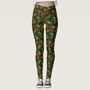 Weihnachts-Holly-Blätter und Rote Berries-Muster Leggings