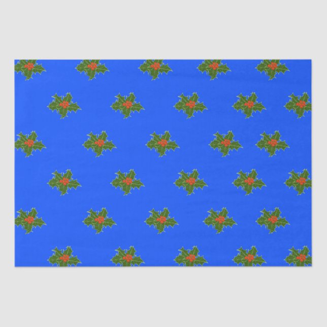 Weihnachts-Holly-Dekorationsmuster auf blau Seidenpapier (Vorderseite)