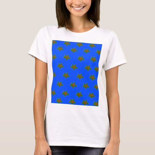 Weihnachts-Holly-Dekorationsmuster auf blau T-Shirt (Vorderseite)