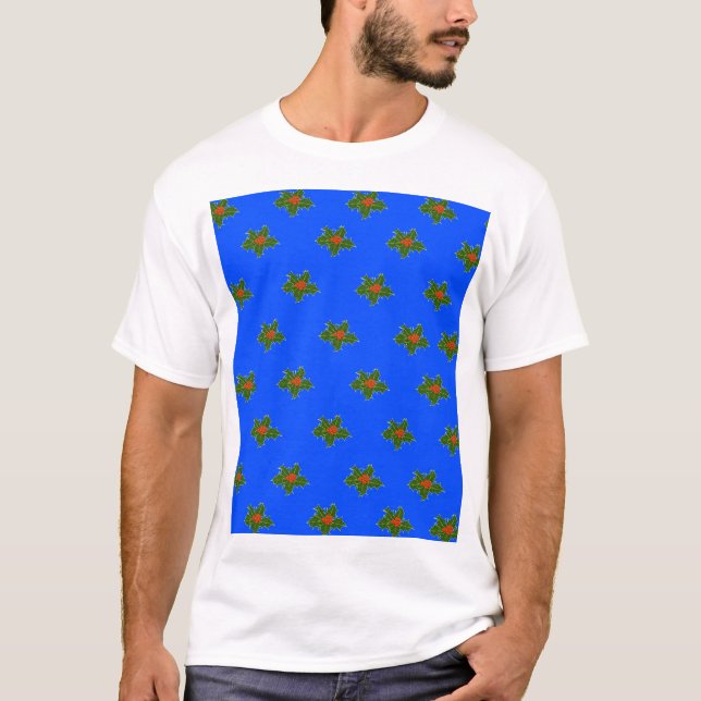 Weihnachts-Holly-Dekorationsmuster auf blau T-Shirt (Vorderseite)