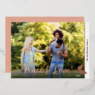 Weihnachts-Holly-Foto Frieden & Liebe Roségold Folien Feiertagskarte