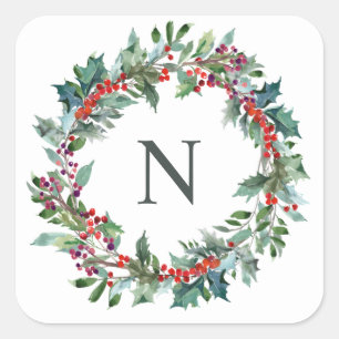 Weihnachts-Holly-Monogramm-Anfangsaufkleber Quadratischer Aufkleber
