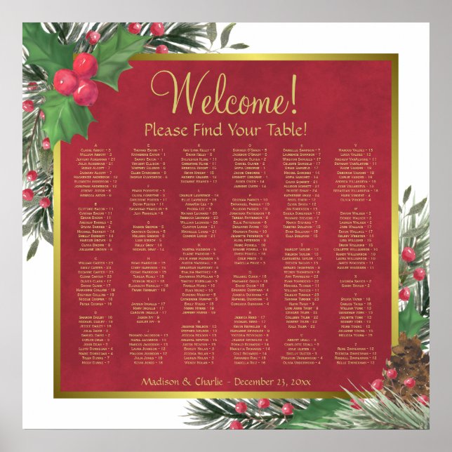 Weihnachts-Holly & Pine-Alphabetischer Sitzplan Poster (Vorne)