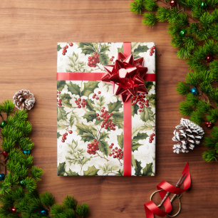 Weihnachts-Holly und Beeren im Vintage-Stil Geschenkpapier