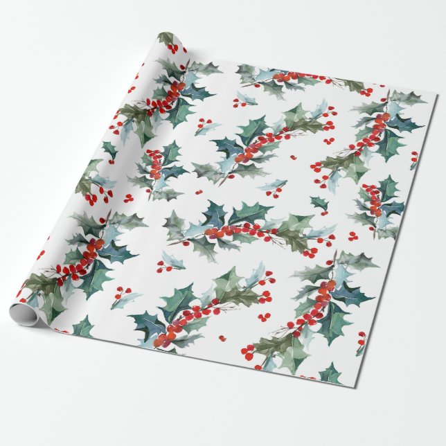 Weihnachts-Holly- und Berries-Muster Geschenkpapier (Ungerollt)