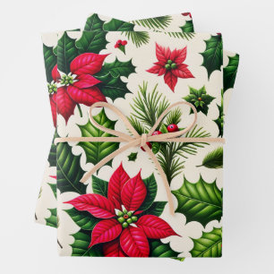 Weihnachts-Holly und Poinsetta-Umschlagpapier Geschenkpapier Set