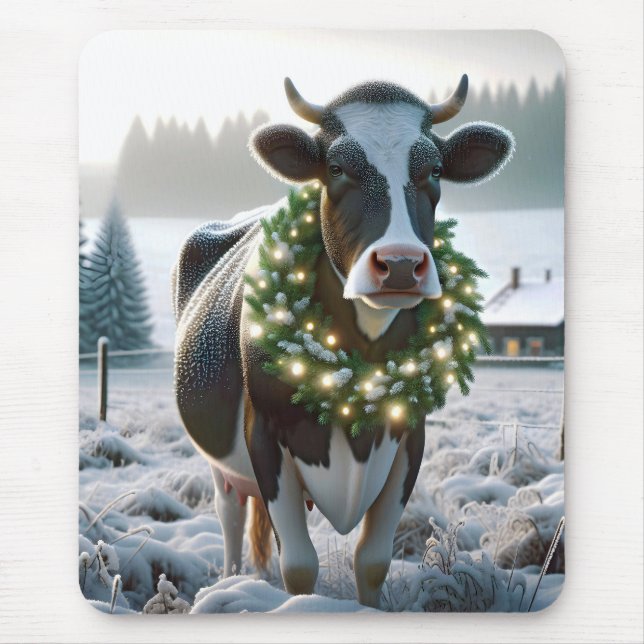 Weihnachts-Holstein-Kuh mit Kranz Mousepad (Vorne)