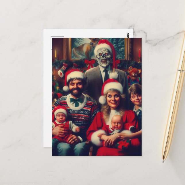 Weihnachts-Horror-Familienportrait Postkarte (Vorderseite/Rückseite Beispiel)
