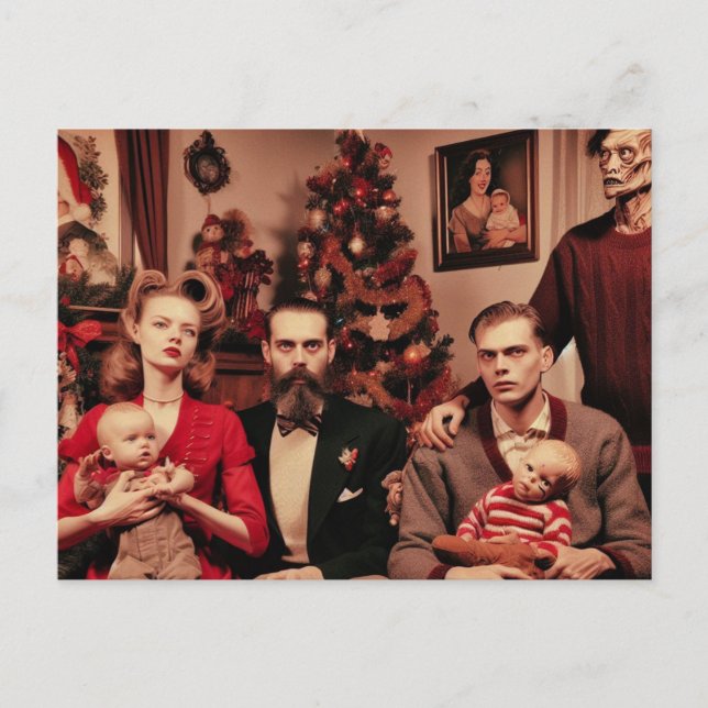 Weihnachts-Horror Retro Creepy Familienportrait Postkarte (Vorderseite)