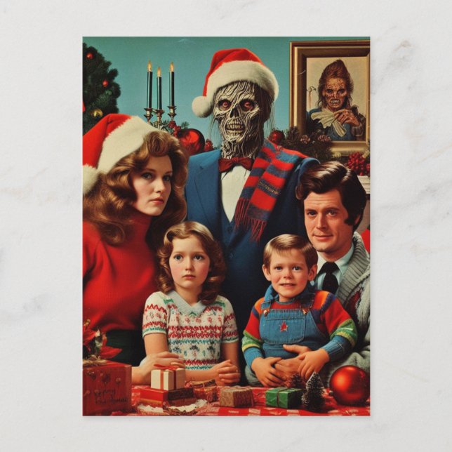 Weihnachts-Horror Retro Familienportrait Postkarte (Vorderseite)